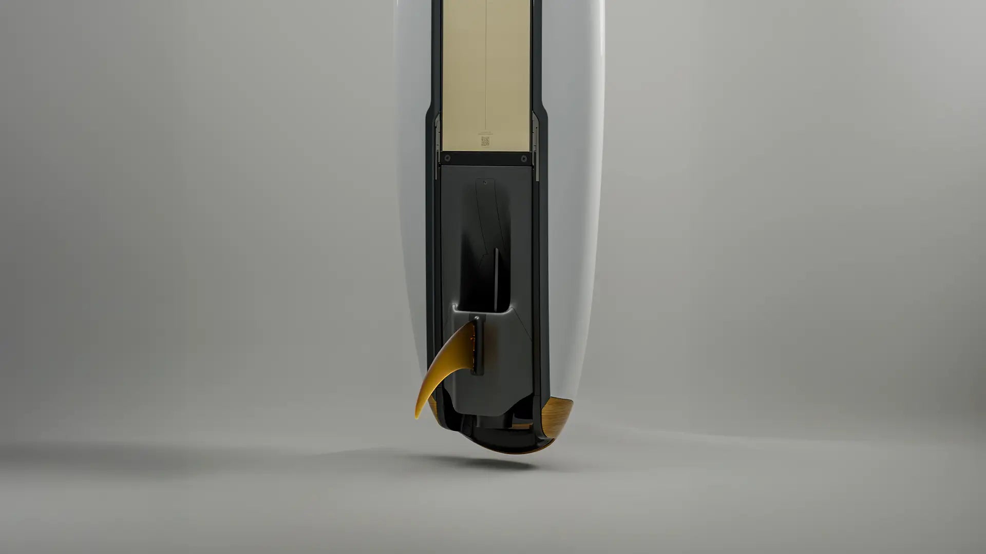 A side view of Lind surfboard with built-in battery and motor.