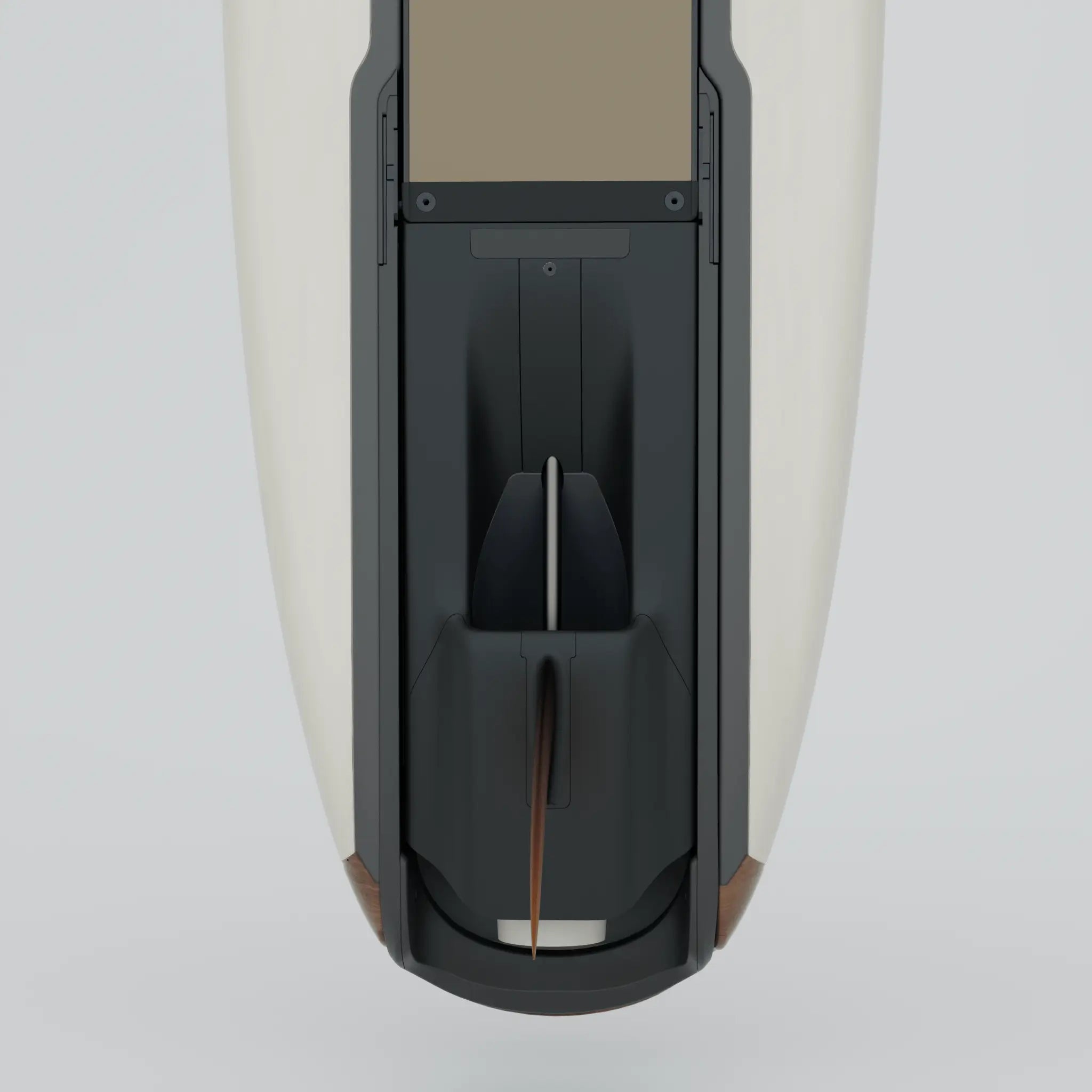 Picture shows the installed motor with fin from above on the Lind surfboard.