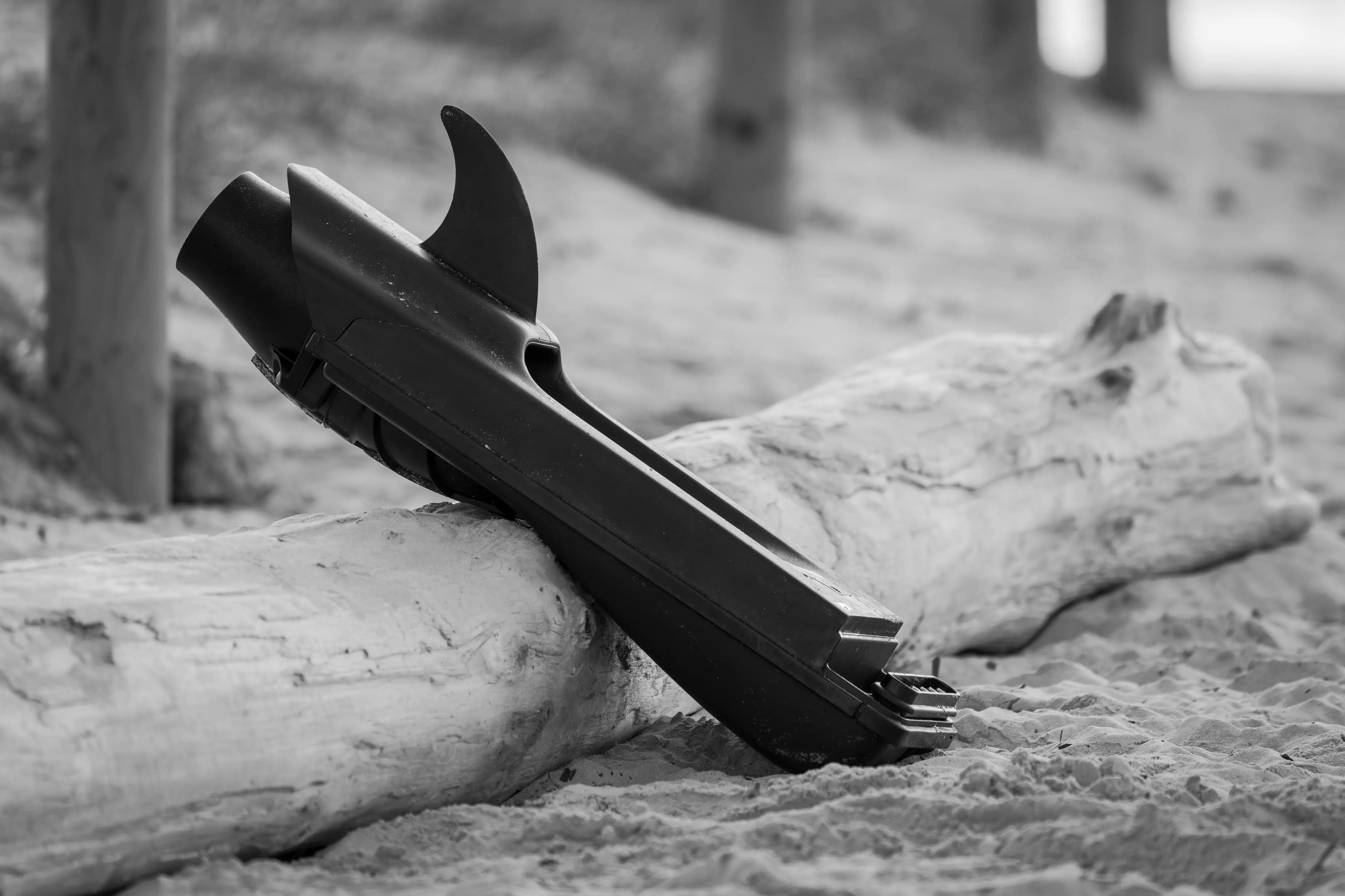 A black and white picture of the engine and the fin from Lind.