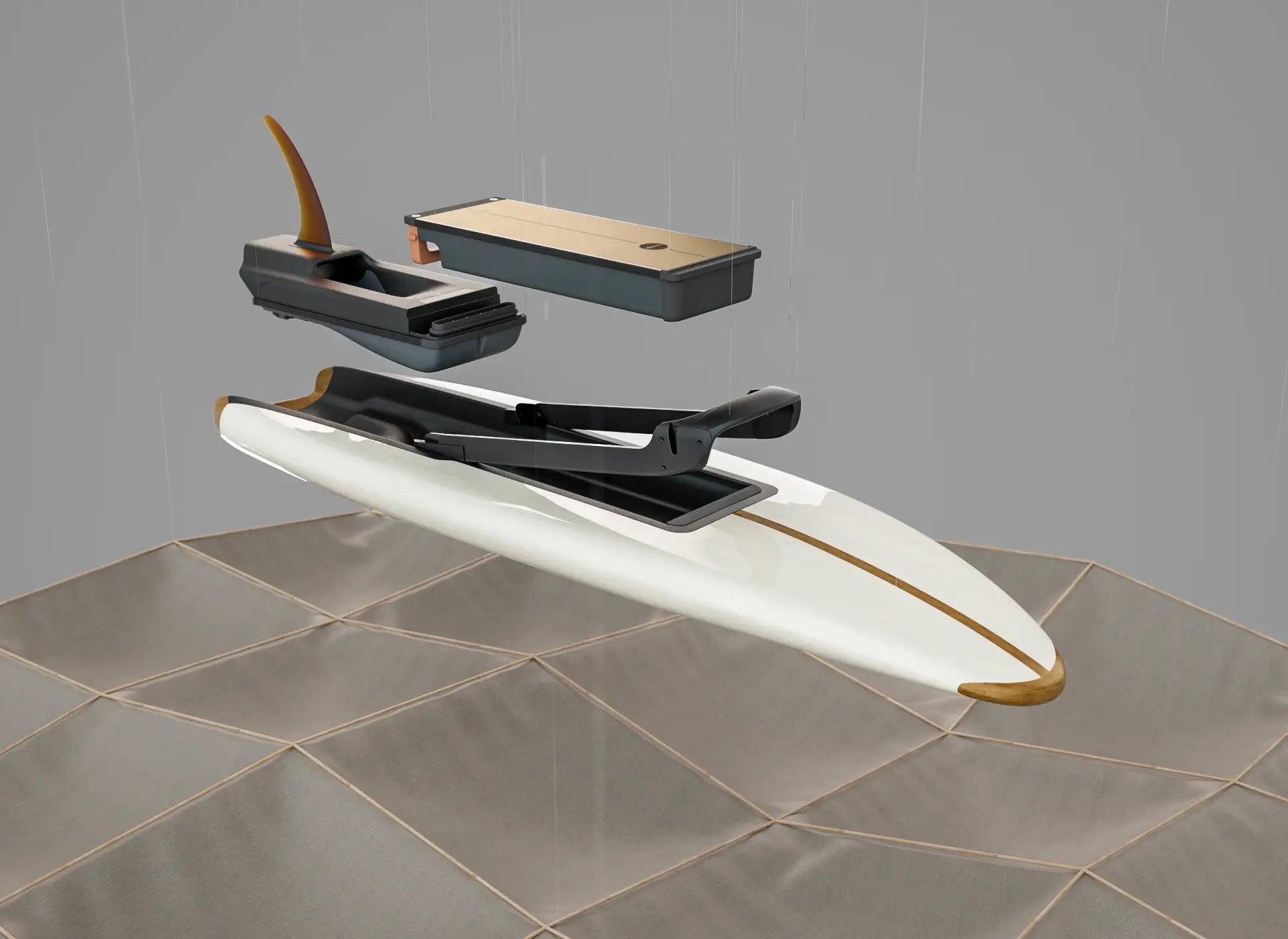 A picture showing how the individual elements, battery, motor and board are assembled for the Lind surfboard.