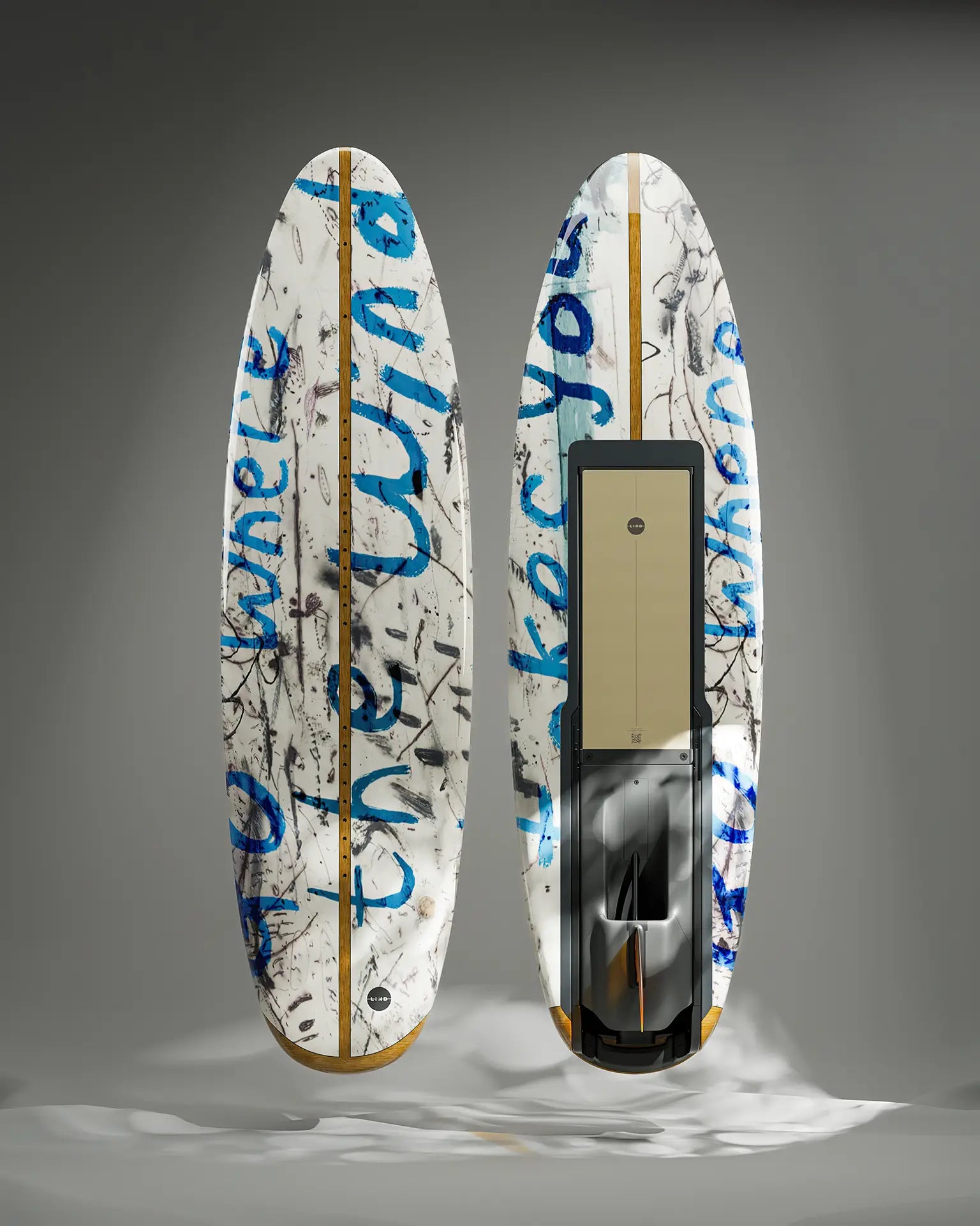 The Lind Art surfboard with the title Go where the wind takes you shows a white board with blue lettering by Peter Matthews.