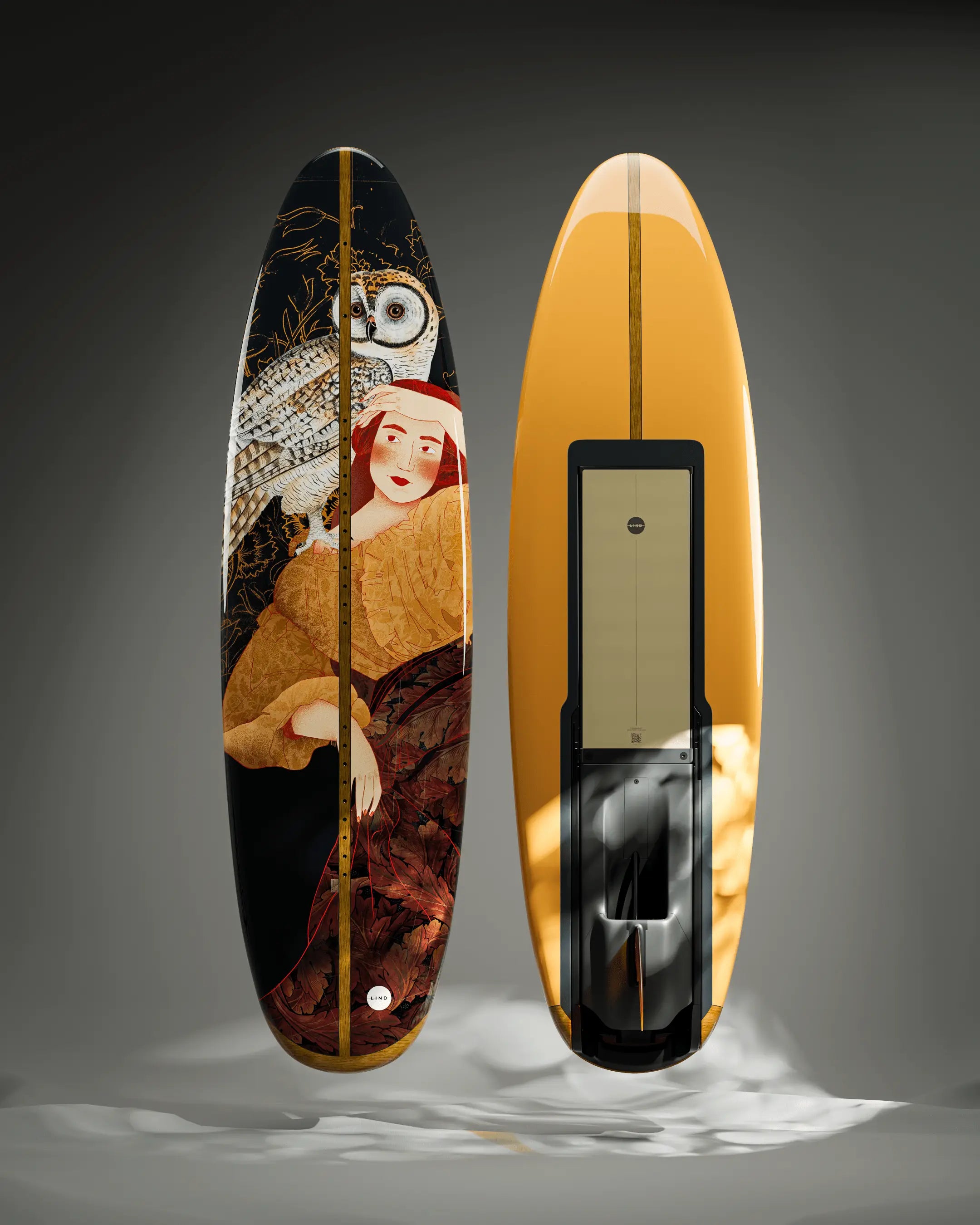 The Lind Art Surfboard with an owl and a lady by Amalia Restrepo.