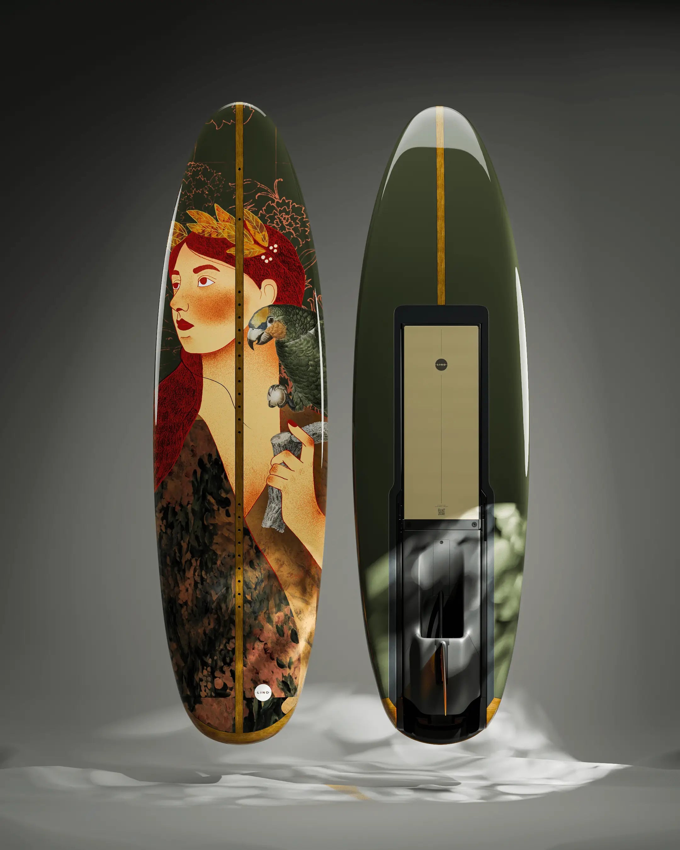 The Lind Art Surfboard called Artemis with a woman and a parrot on it by Amalia Restrepo.