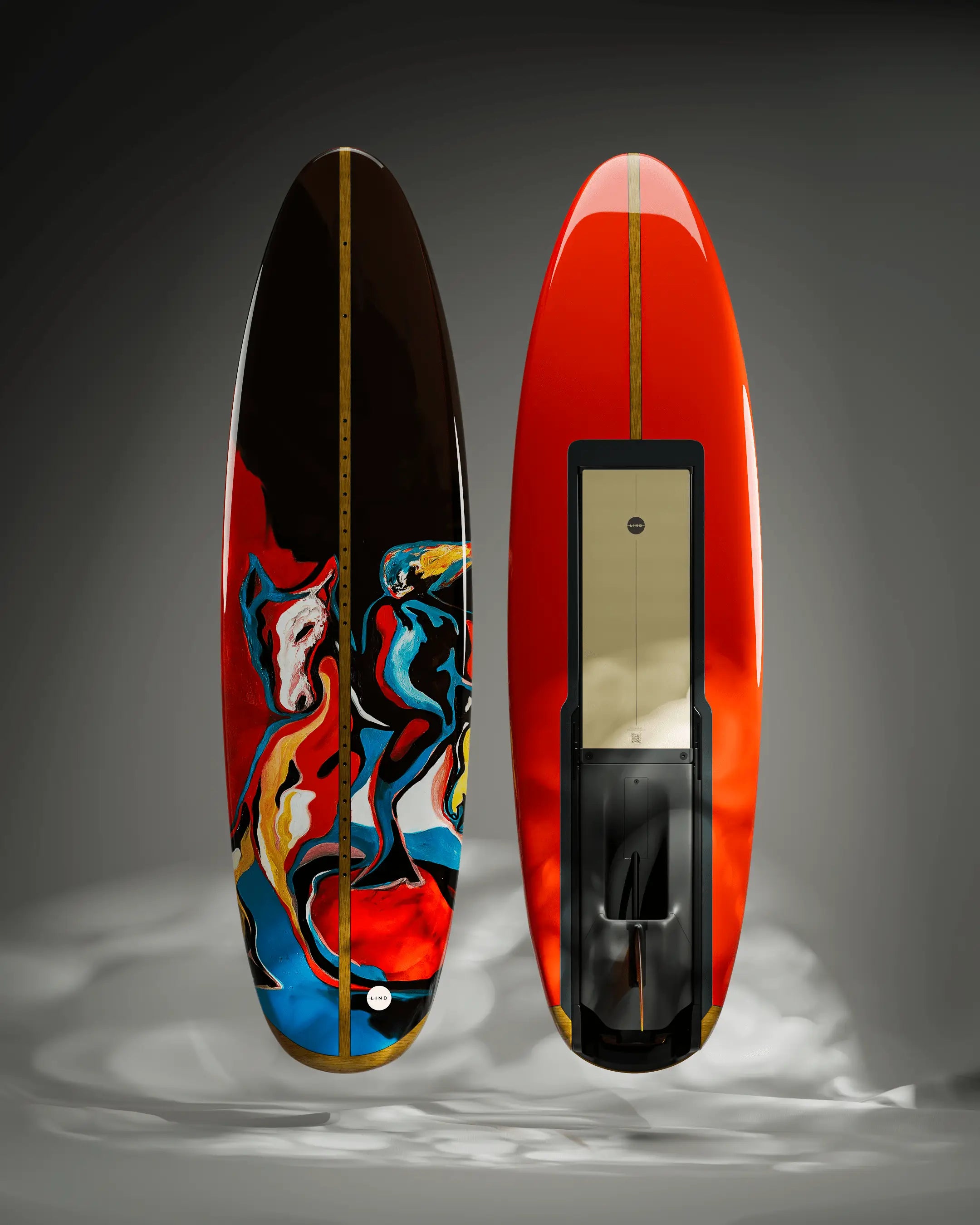 The Lind Art Surfboard called Waiting for the Sun in red and black and a painted bull by BB Bastidas.