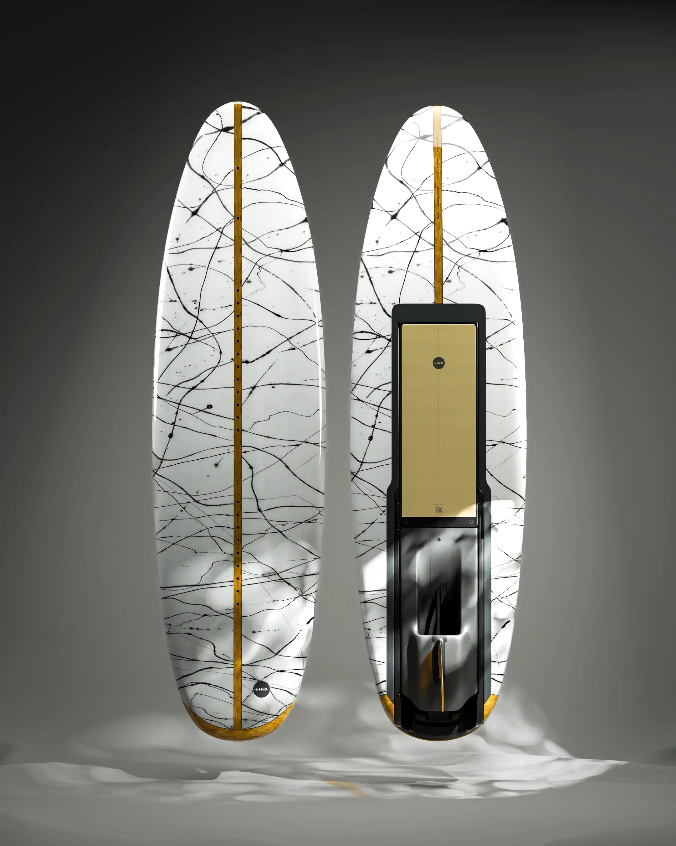 The Lind Art surfboard in white with black brushstrokes from Critter.