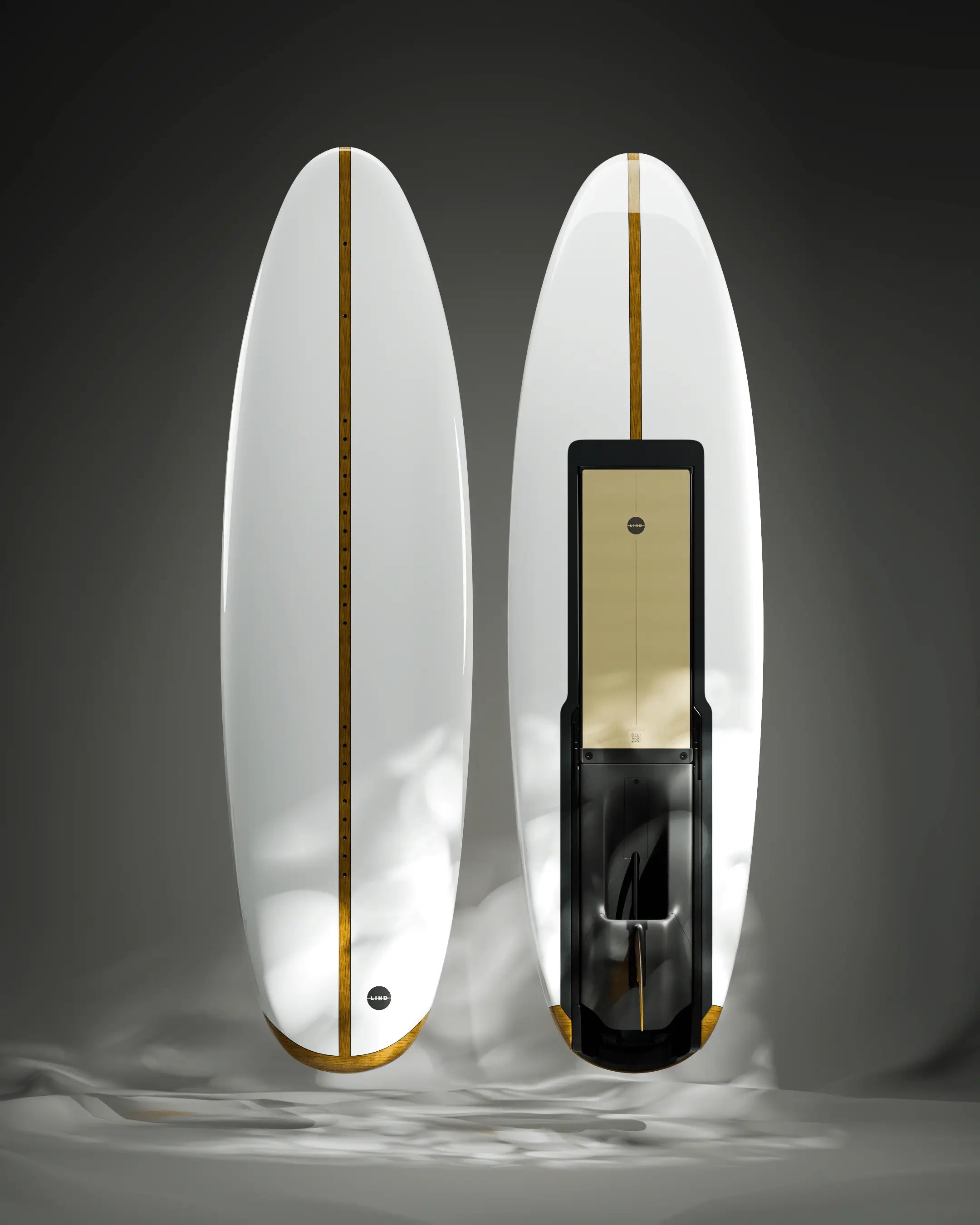 The Lind Art Surfboard called Canvas in white and discreet wooden elements by Alexander Lind.