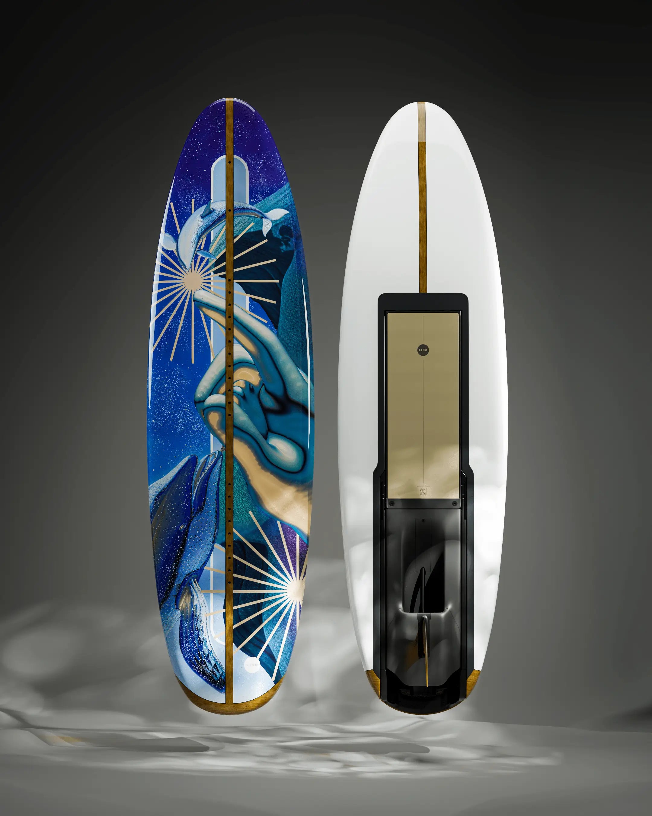 The Lind Art Surfboard called Zuhrah is white on the front and blue on the back with sea creatures and a large hand by David Alabo.