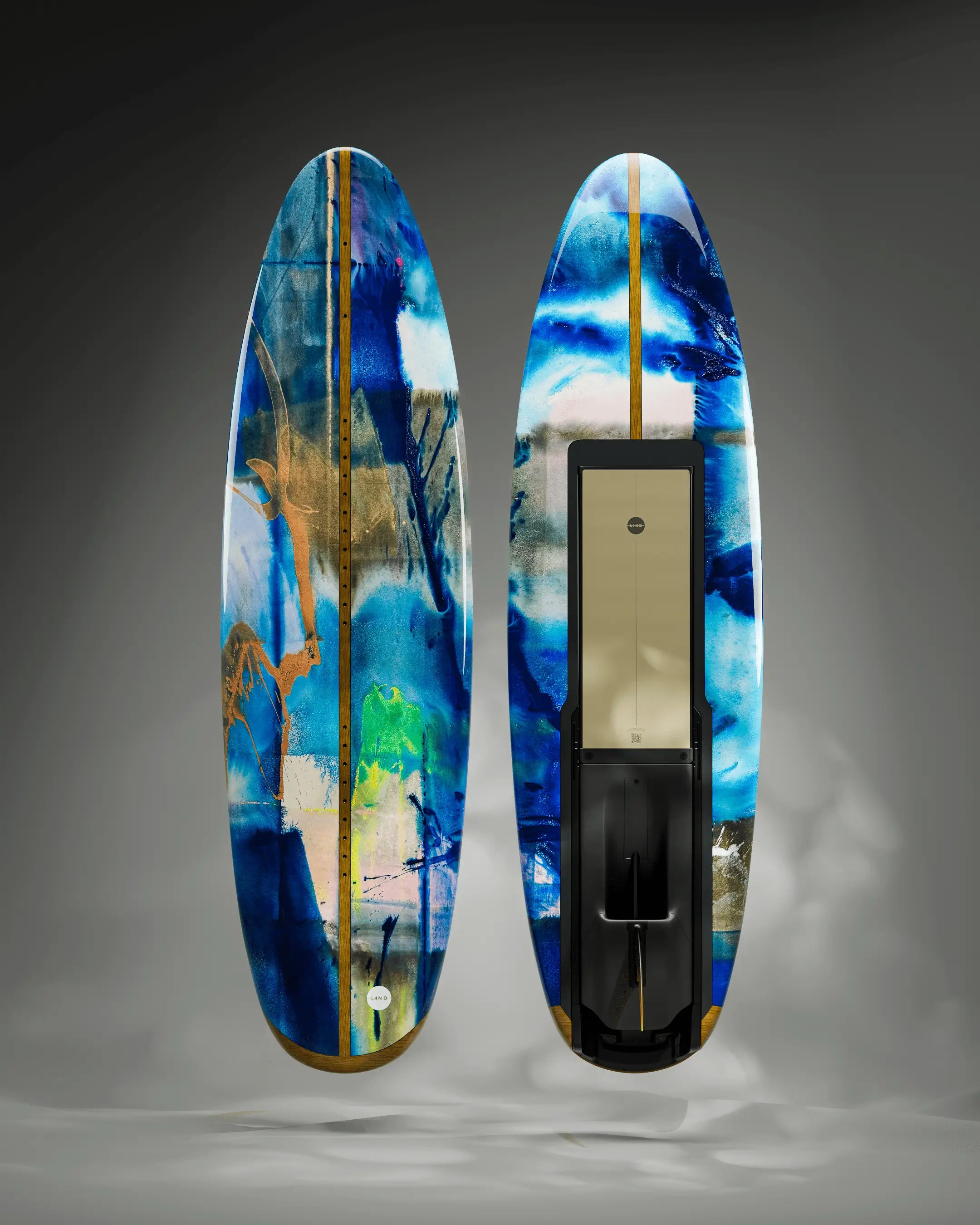 The Lind Art Surfboard called Marine fluorescent metallic diffused with mainly blue colour gradients by Erik Skoldberg.