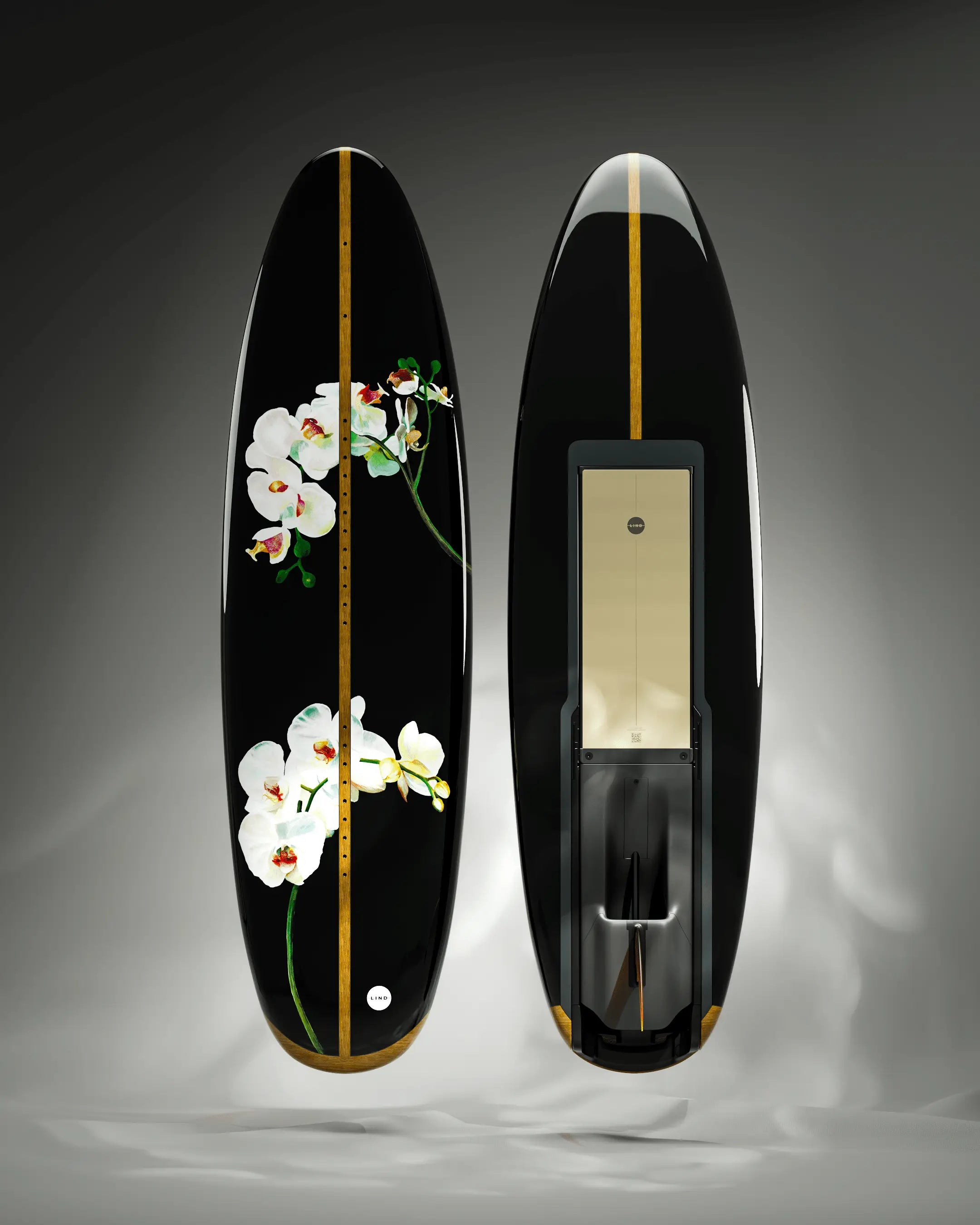 The Lind Art Surfboards called Orchid Onyx in black with white orchids by Jessica Kayll.