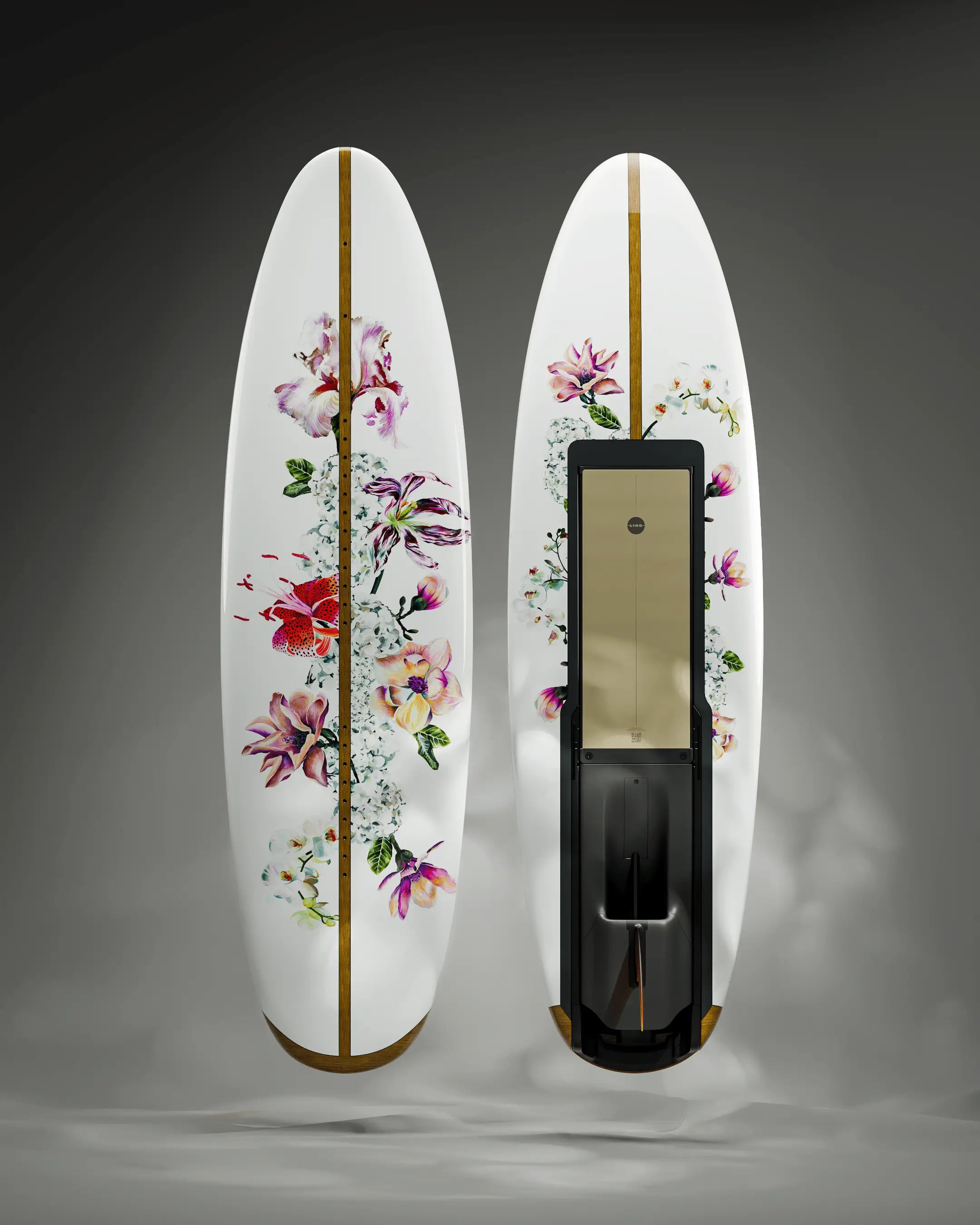 The Lind Art Surfboard called Floral Explosion which shows a white board with lots of flowers by Jessica Kayll.