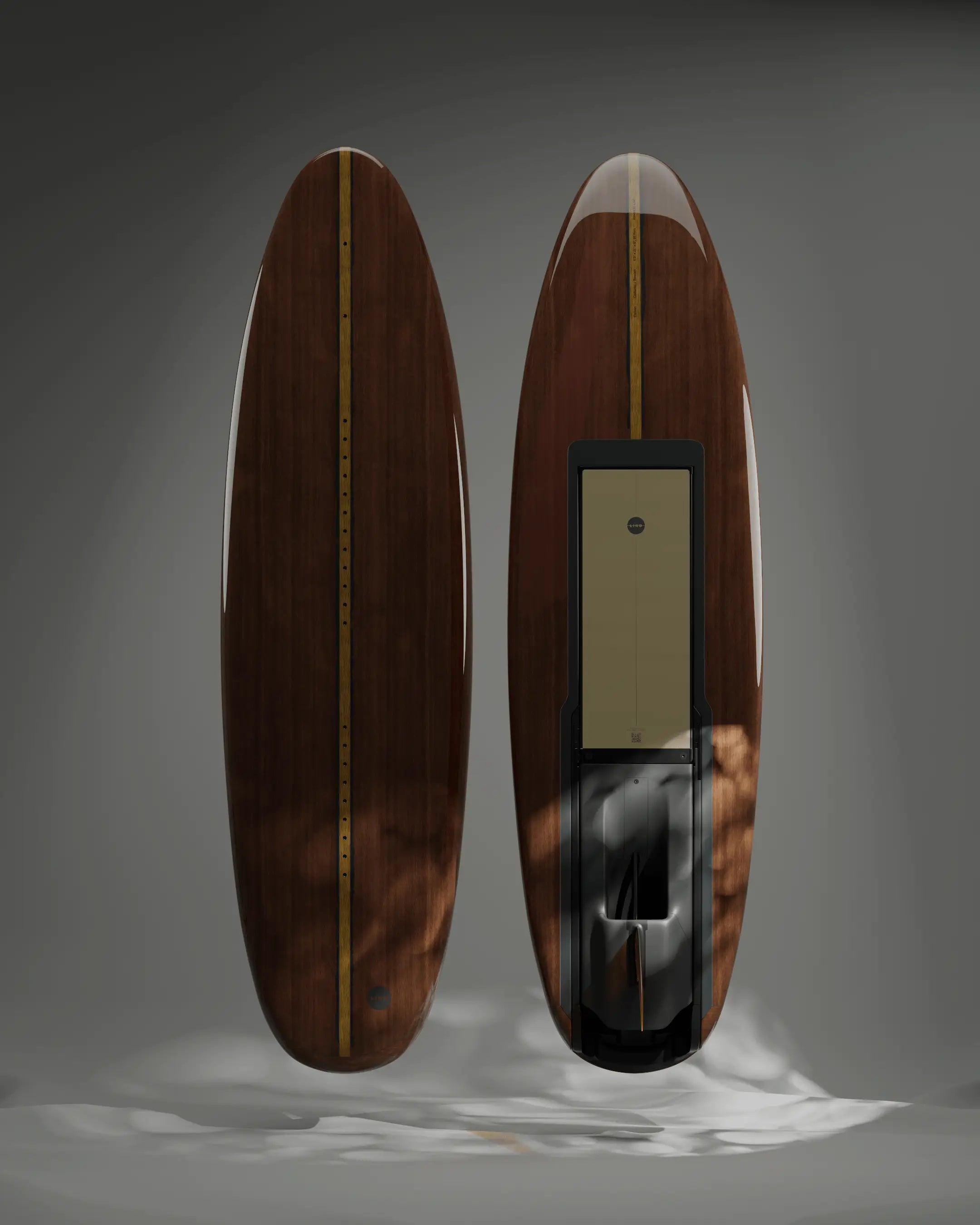The Lind Art Surfboard called Resin Woodgrain in a dark wood look by Micah Beutz.