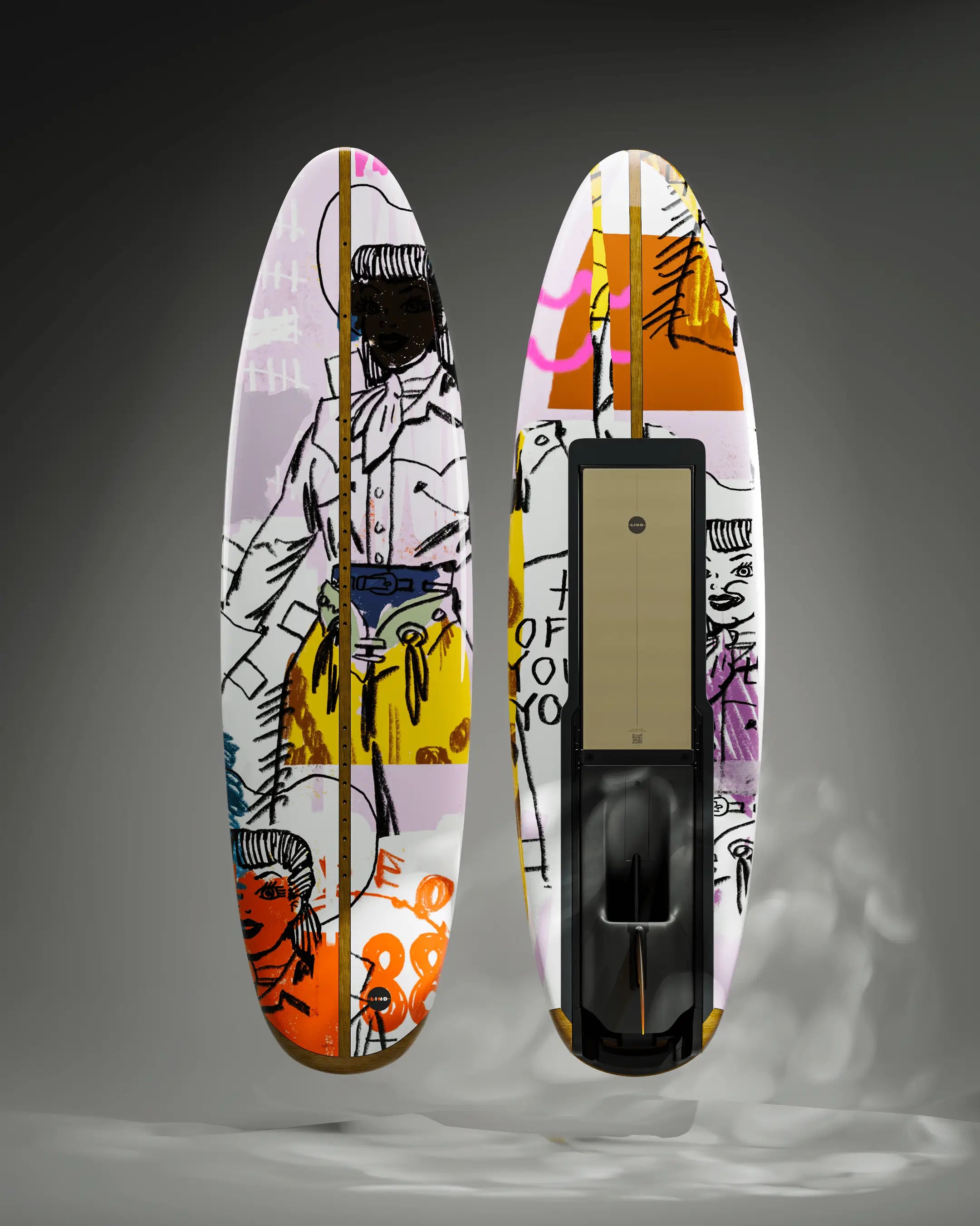The Lind Art Surfboard called Midnight Cowgirl with a drawn cowgirl in bright colours by Terry Urban.
