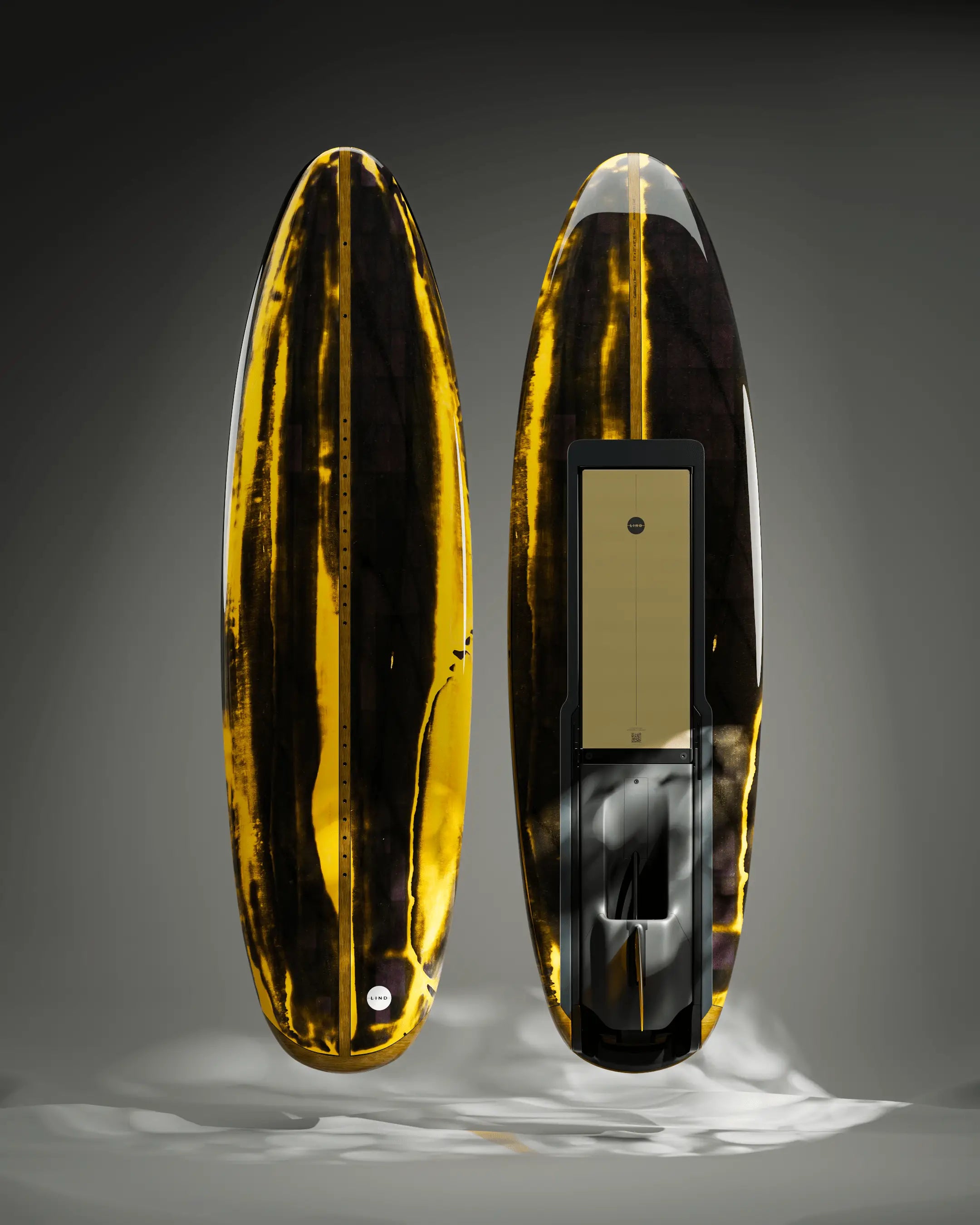 The Lind Art Surfboard called YELLOW PATINA with gold and black colour gradients by Micah Beutz.