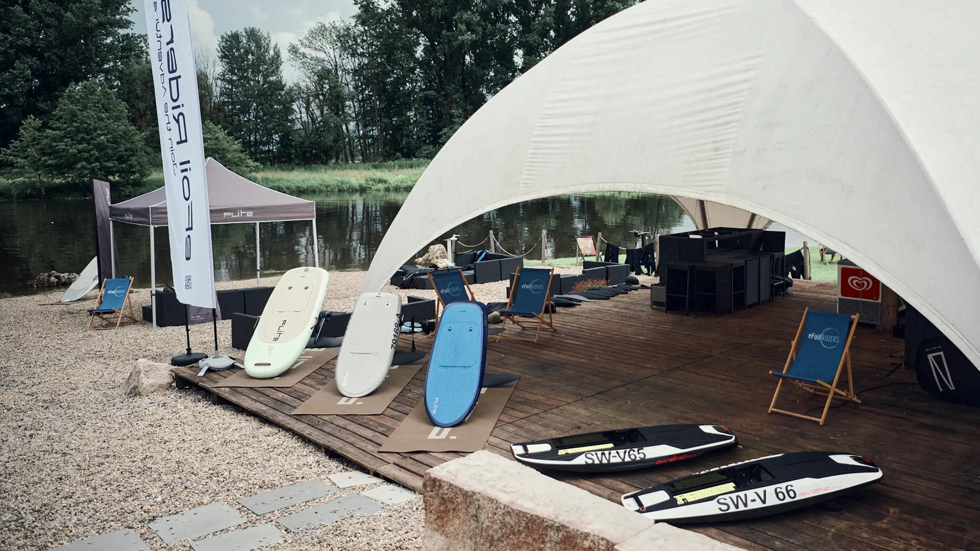 The eFoil Riders station in Ingolstadt with three Fliteboards and two awake jetboards.