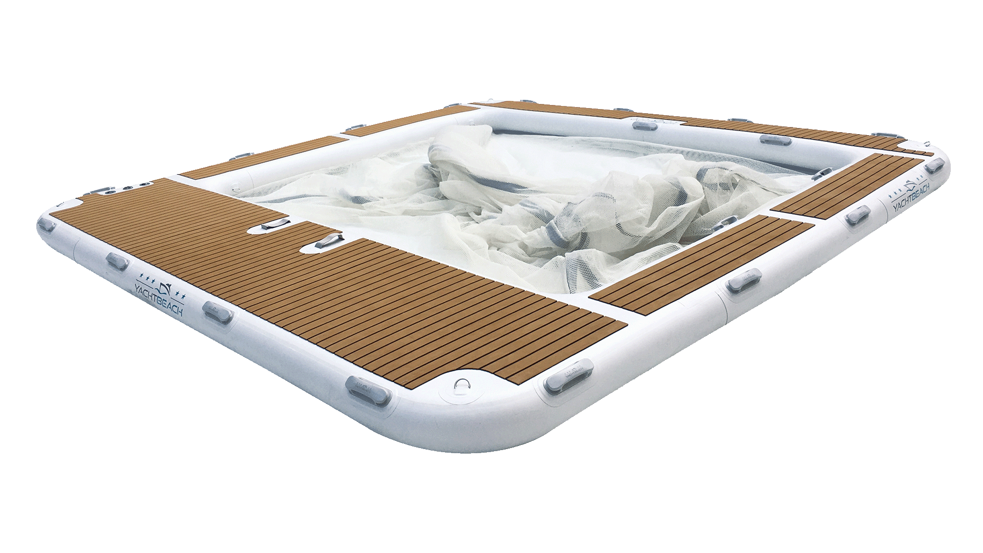 A clean picture of the Yacht Beach Luxury Pool, which has white and brown colors, and in the middle, there is the net.