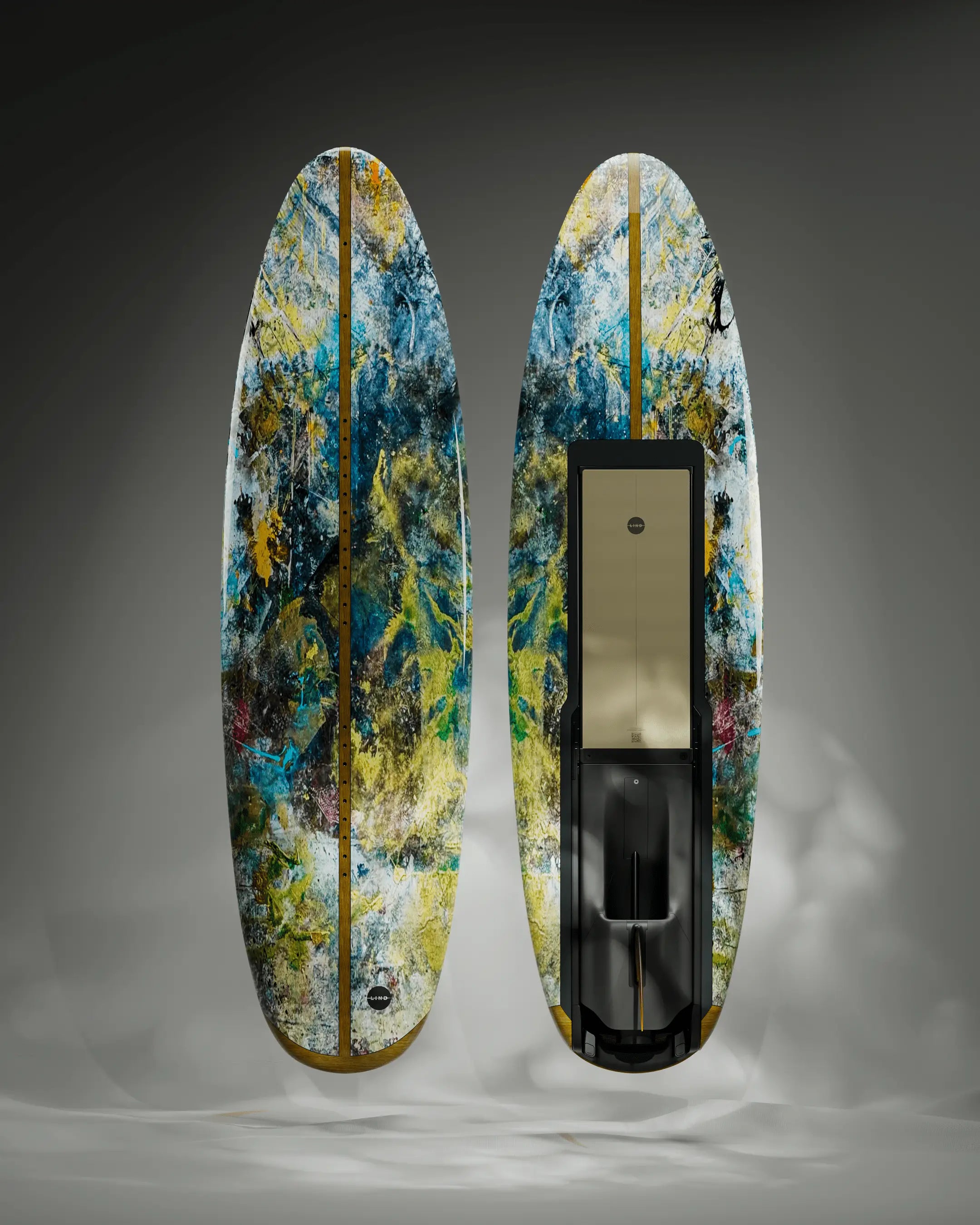 Das Lind Art Surfboard namens Studio Board mit vielen Farbverläufen von Erik Skoldberg.