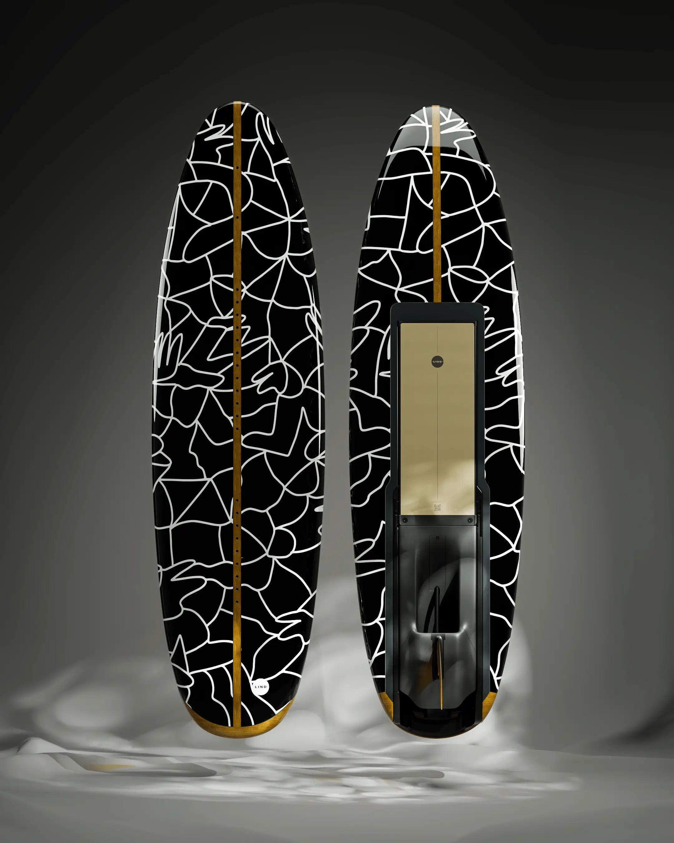 Das Lind Art Surfboard namens Deep Dive into My Brain in schwarz mit weißen, feinen Mustern von Lucas Beaufort.